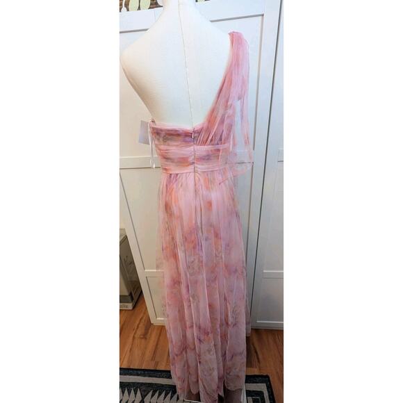 Dessy Collection Floral Scarf Tie One-Shoulder Rose Long Tulle Dress Size 8 - Picture 6 of 11